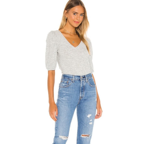 Grey Puffer Sleeve V Neck Top - Picture 4 of 6